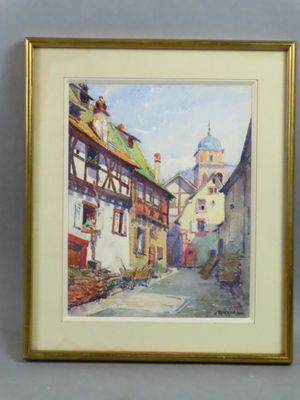 aquarelle encadrée représentant une scène de rue avec le clocher d'une église en arrière-plan