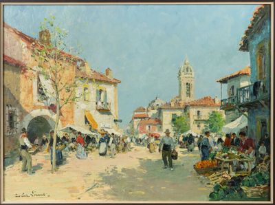 an oil painting of a street scene with a clock tower in the background