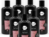 pack of 6 bottles of black shampooe with a red label