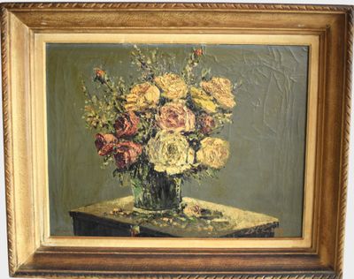 an oil painting of a vase of flowers on a table