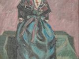 une peinture à l'huile représentant un enfant en robe bleue assis sur une couverture verte