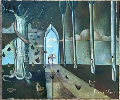 une peinture accrochée au mur d'un immeuble, représentant une femme en robe blanche