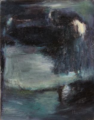 an oil painting of a black and white boat in a body of water