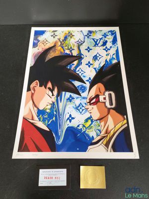 une image représentant deux personnages, Goku et Vegeta, devant un fond bleu