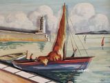 a painting of a sailboat on the water with a lighthouse in the background