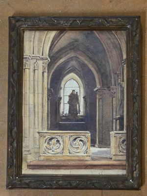 a painting on the wall of a church with a statue
