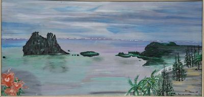 a picture of a painting of a beach with rocks in the water