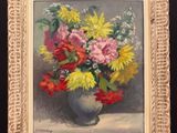 painting of a vase of flowers on a table with a black background