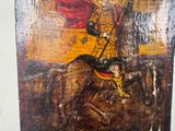 a painting of a man riding a horse with a flag on it