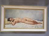 a painting of a nude woman laying on a bed