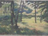 an oil painting of a forest scene with trees and grass