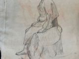 a drawing of a woman sitting on a stool