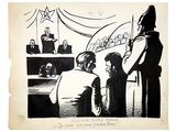 drawing of a courtroom scene with a man in a black suit and a woman in a white dress