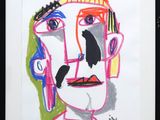 painting of a man ' s face in a black frame with a white background