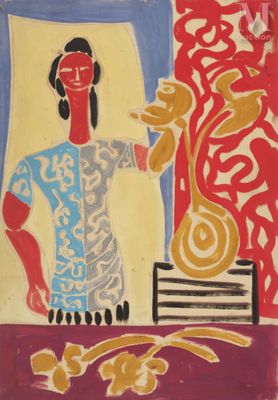 une peinture représentant une femme debout devant un vase de fleurs