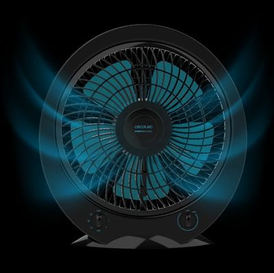 a black and blue fan on a black background