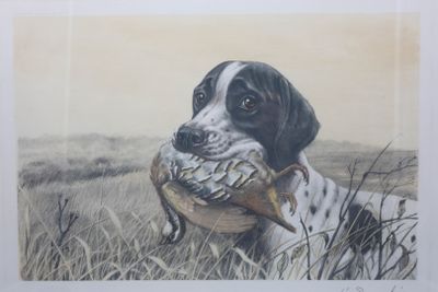 tableau représentant un chien noir et blanc tenant un oiseau dans la gueule