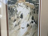 painting of a snowy mountain scene with a castle in the distance