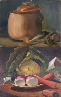 two paintings of vegetables on a table with a pot in the background