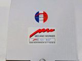 a white box with a red and blue logo on it