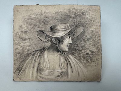 an old drawing of a woman wearing a hat and cloak
