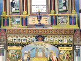 an image of a painting of a building with a clock on it ' s side