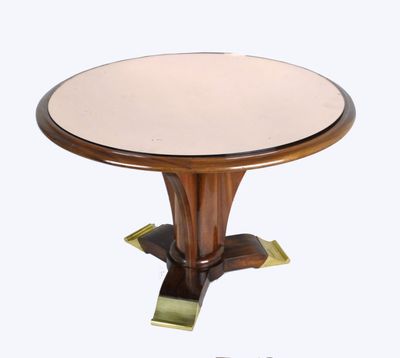 an image of a round table with a wooden base and a glass top