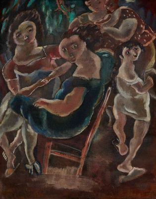 une peinture à l'huile représentant un groupe de personnes assises sur une chaise