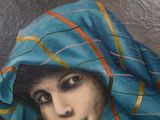 painting of a woman with a blue scarf on her head
