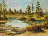l'image d'une peinture représentant une rivière avec des arbres en arrière-plan