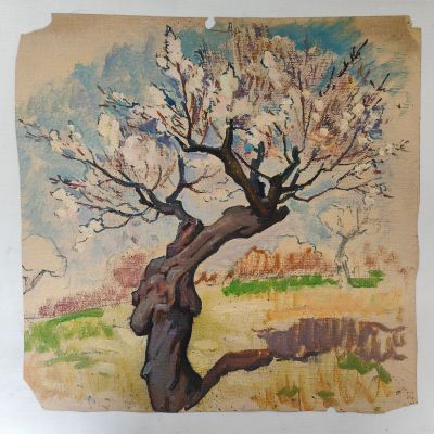 a watercolor painting of a tree in blossom