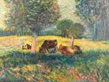 un tableau représentant des vaches paissant dans un champ, à l'ombre d'un arbre