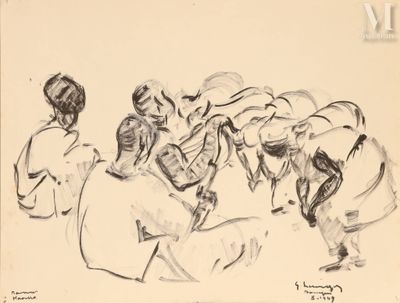 dessin représentant un groupe de personnes assises ensemble autour d'une table