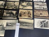 several old black and white photographs of a train and a building