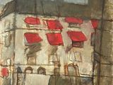 a painting of a building with a red roof