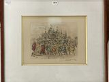 tableau représentant un groupe de personnes marchant dans une rue, avec un château en arrière-plan