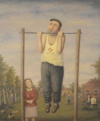 un tableau représentant un homme suspendu à un poteau avec un enfant
