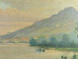 a painting of a boat on a river with a mountain in the background