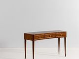 a wooden desk with two drawers and a drawer underneath it