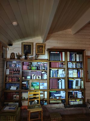 a room with a lot of books on the shelves