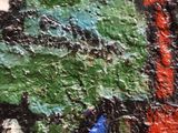 a painting of a green tree with red and blue leaves