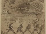 dessin représentant un groupe de personnes marchant dans un champ, avec un oiseau dans le ciel