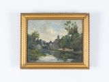 une image représentant une peinture d'une rivière avec des arbres et des bâtiments en arrière-plan