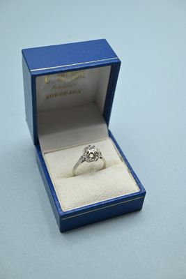 a ring in a blue box on a white surface