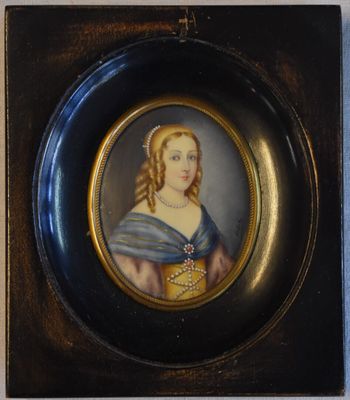 portrait of a woman in a blue dress in a black and gold frame