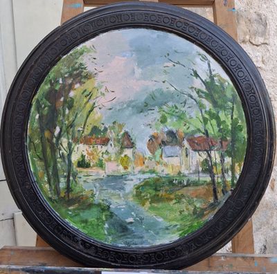 an oil painting of a painting of a small village on a easel