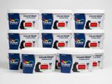 six buckets of duluxx paint on a white background