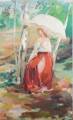 un tableau représentant une femme avec un parapluie dans les bois