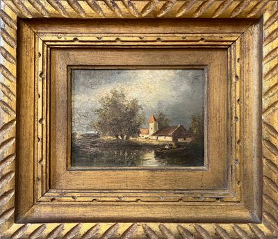 une peinture à l'huile représentant un paysage fluvial avec une maison au loin