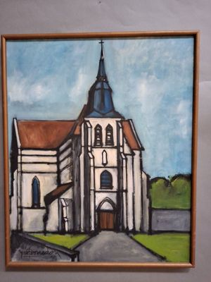 un tableau représentant une église avec un clocher